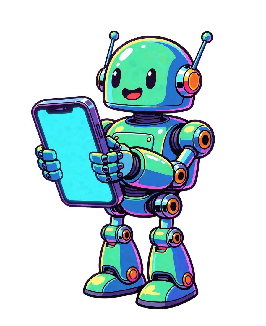 Miętowy robot Casoola trzyma duży smartfon ze świecącym ekranem - kasyno na telefon w przeglądarce