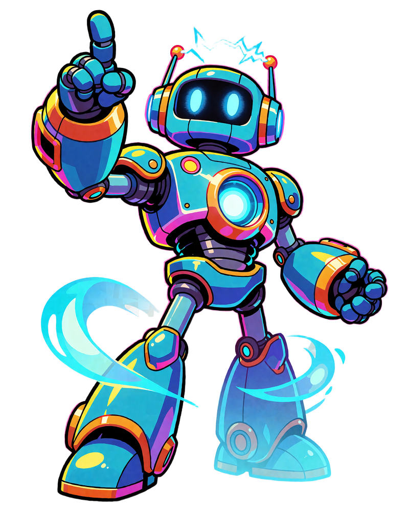 Energiczny cyjanowy robot ze świecącym jądrem w klatce piersiowej i podniesioną ręką w geście peace