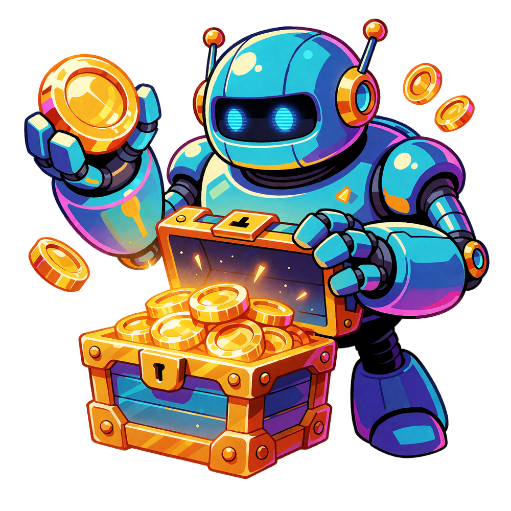 Cyjanowy robot-sklepikarz z pełnym skrzyni złotych token&oacute;w Coins Shop w Casoola Casino