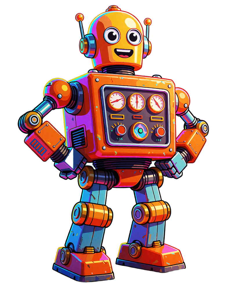 Duży pomarańczowy robot z panelem pełnym pokręteł, stojący w pewnej pozie z rękami na biodrach