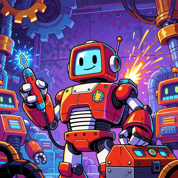 Czerwono-biały robot mechanik z plazmowym śrubokrętem - miniatura automatu Neon Mechanic