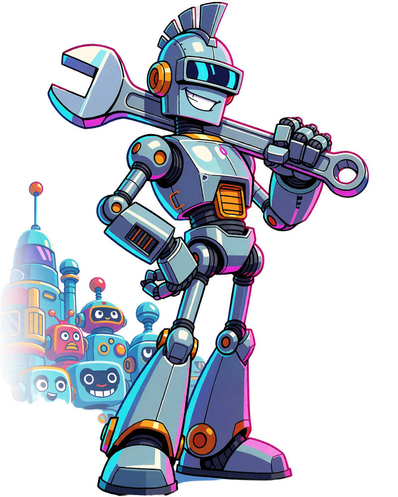 Szarobłękitny robot z grzebieniem szpic&oacute;w na głowie, opierający na ramieniu ogromny chromowany klucz