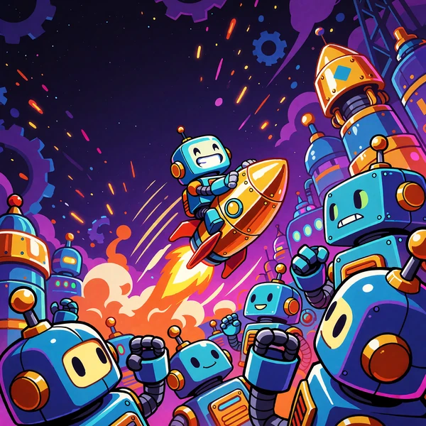 Cyjanowy robot na złotej rakiecie lecącej w g&oacute;rę - miniatura gry crash Rocket Bot