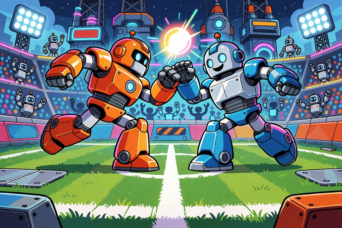 Dwa kresk&oacute;wkowe roboty-sportowcy walczą o świecącą piłkę na stadionie - sekcja zakład&oacute;w sportowych Casoola
