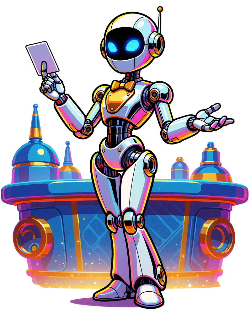 Elegancki biało-chromowany robot krupier z muszką, trzymający kartę do gry między dwoma palcami