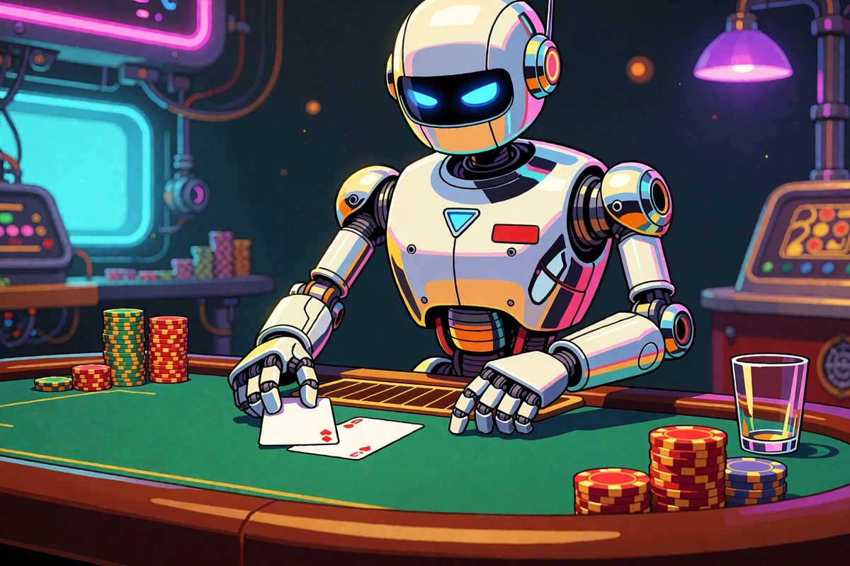 Robot-krupier rozdaje karty przy zielonym stole w studiu live casino Casoola
